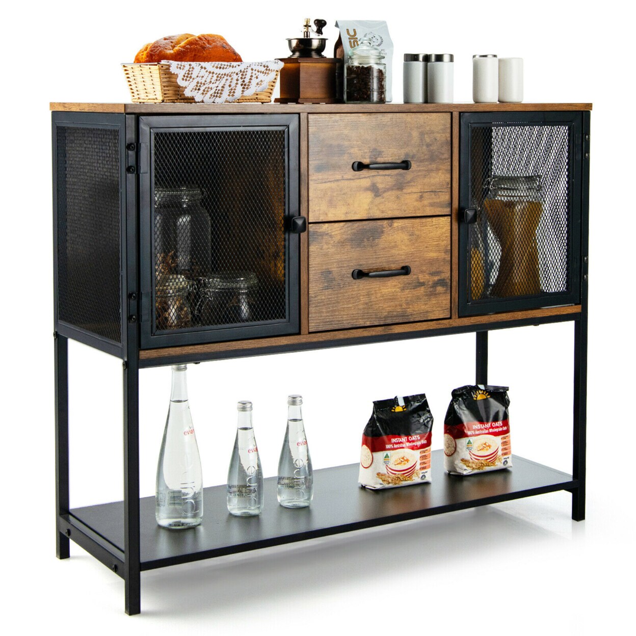 Gymax Industrial Buffet Sideboard Kitchen Cupboard w/ Metal Mesh Doors and 2 Drawers