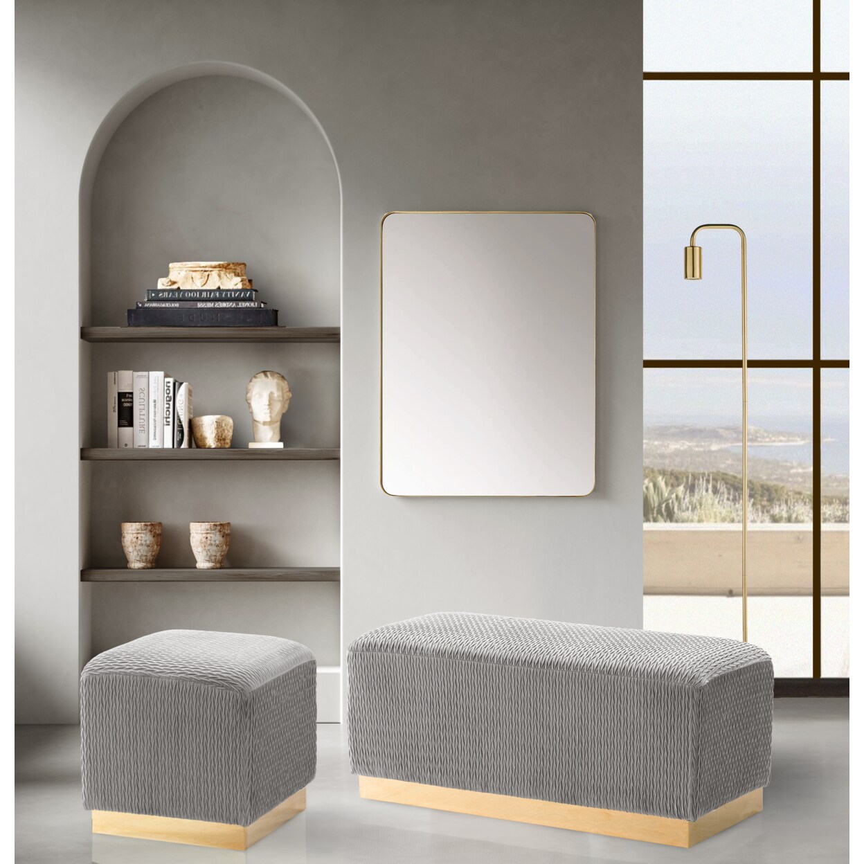 Iconic Home Chic Home Schell Ottoman Textured Velvet Upholstery Smooth Gold Tone Square Metal Base