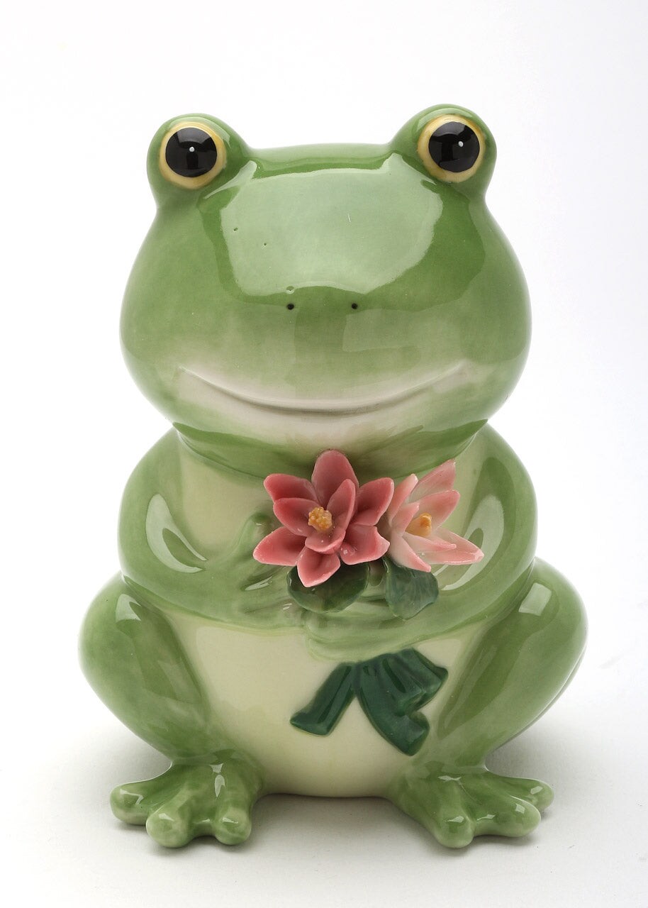 Ceramic Frog and Flowers Piggy Bank, Home D&#xE9;cor, Gift for Her, Mom, Spring D&#xE9;cor, Cottagecore, Nature Lover Gift
