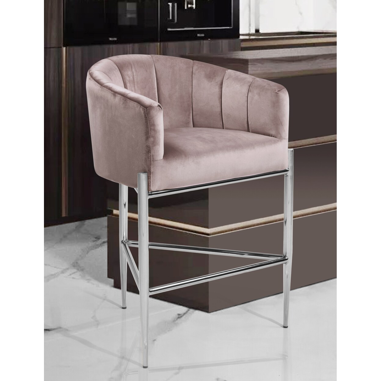 Iconic Home   Ardee Counter Stool Chair Velvet Upholstered Shelter Arm Shell Design 3 Legged Chrome Tone Solid Metal Base