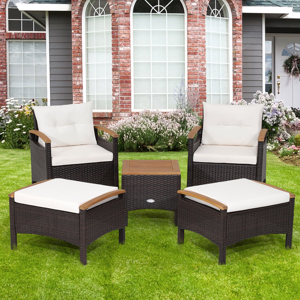 5Pcs Outdoor Patio Rattan Furniture Set Pe Wicker Lounge Chair W/ Wood Tabletop