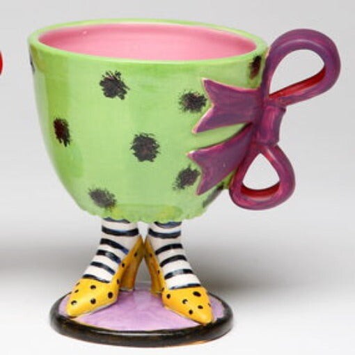 Ceramic Green Cup with Purple Bow on Yellow Heels, Home D&#xE9;cor, Gift for Her, Mom, Friend, or Coworker, Kitchen D&#xE9;cor, Office Decor