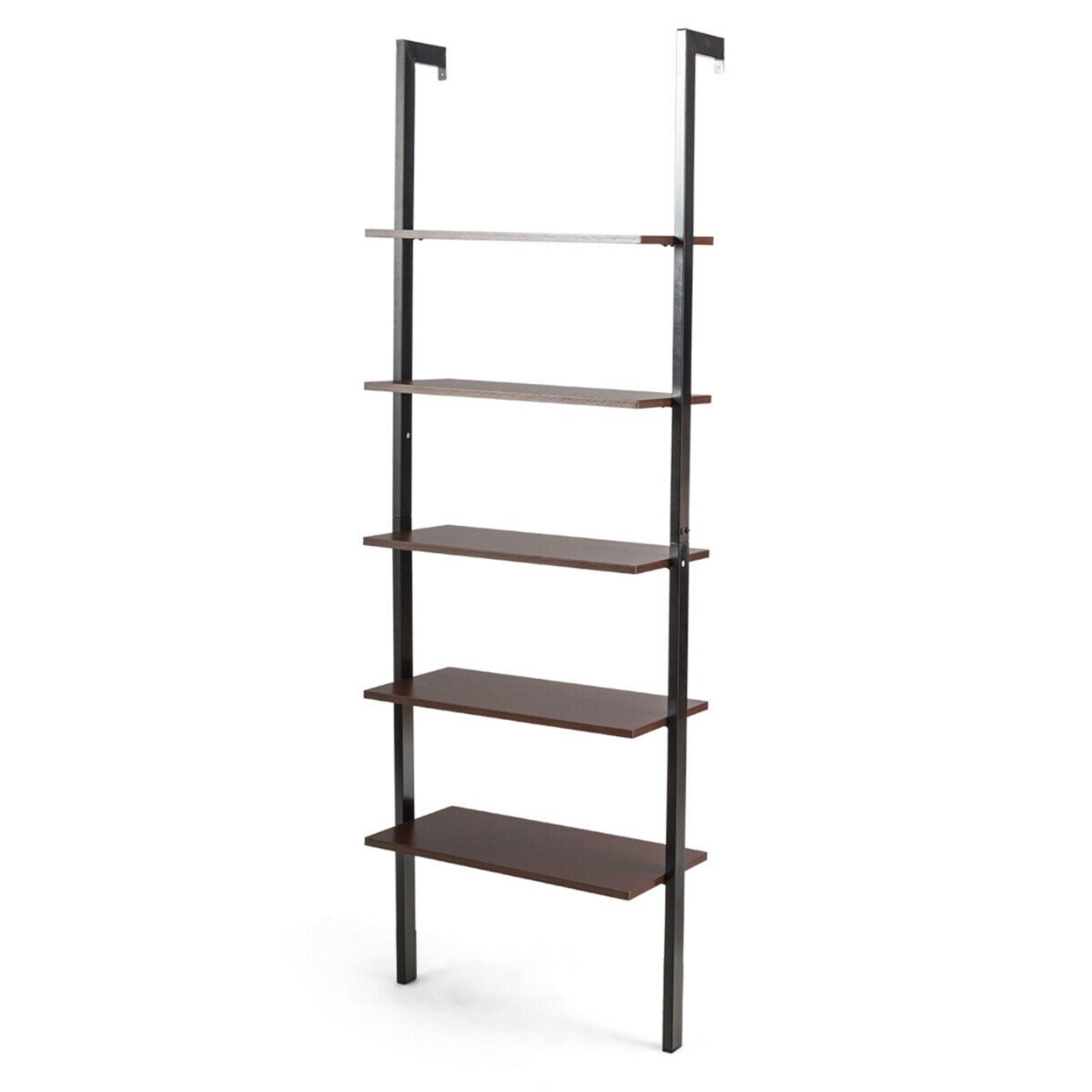 5-Tier Ladder Shelf Wood Wall Mounted Display Bookshelf Metal Frame Brown And Black