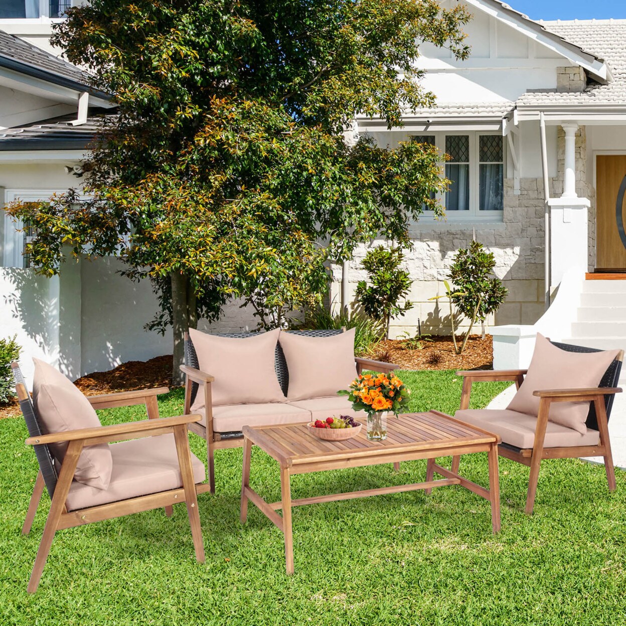 4Pcs Outdoor Furniture Set Patio Conversation Set W/ Wood Frame Cushion