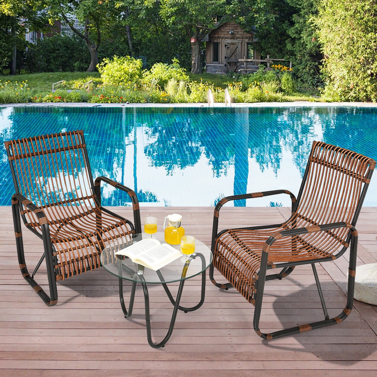 3Pcs Rattan Patio Conversation Set Bistro Furniture Set W/ Glass Table