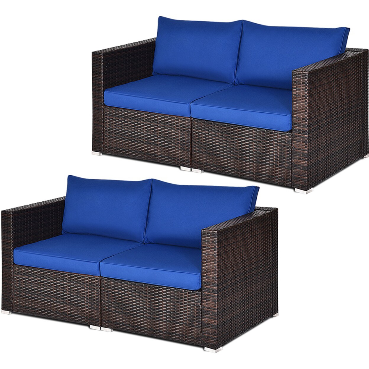 4Pcs Rattan Corner Sofa Set Patio Outdoor Furniture Set W/ Navy Cushions