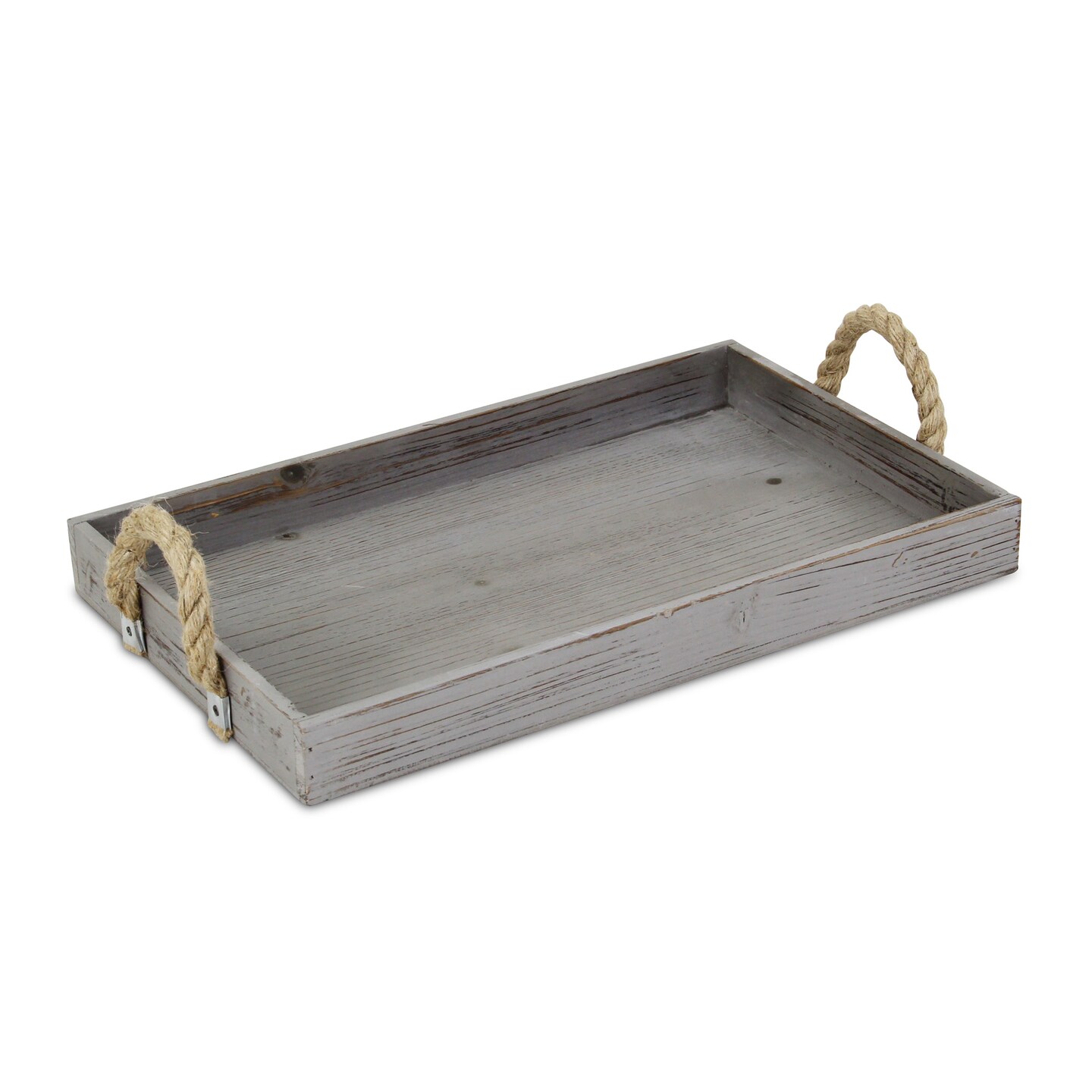 Contemporary Home Living 20&#x22; Gray-Versatile Rectangular Wood Table Tray with Rope Handles