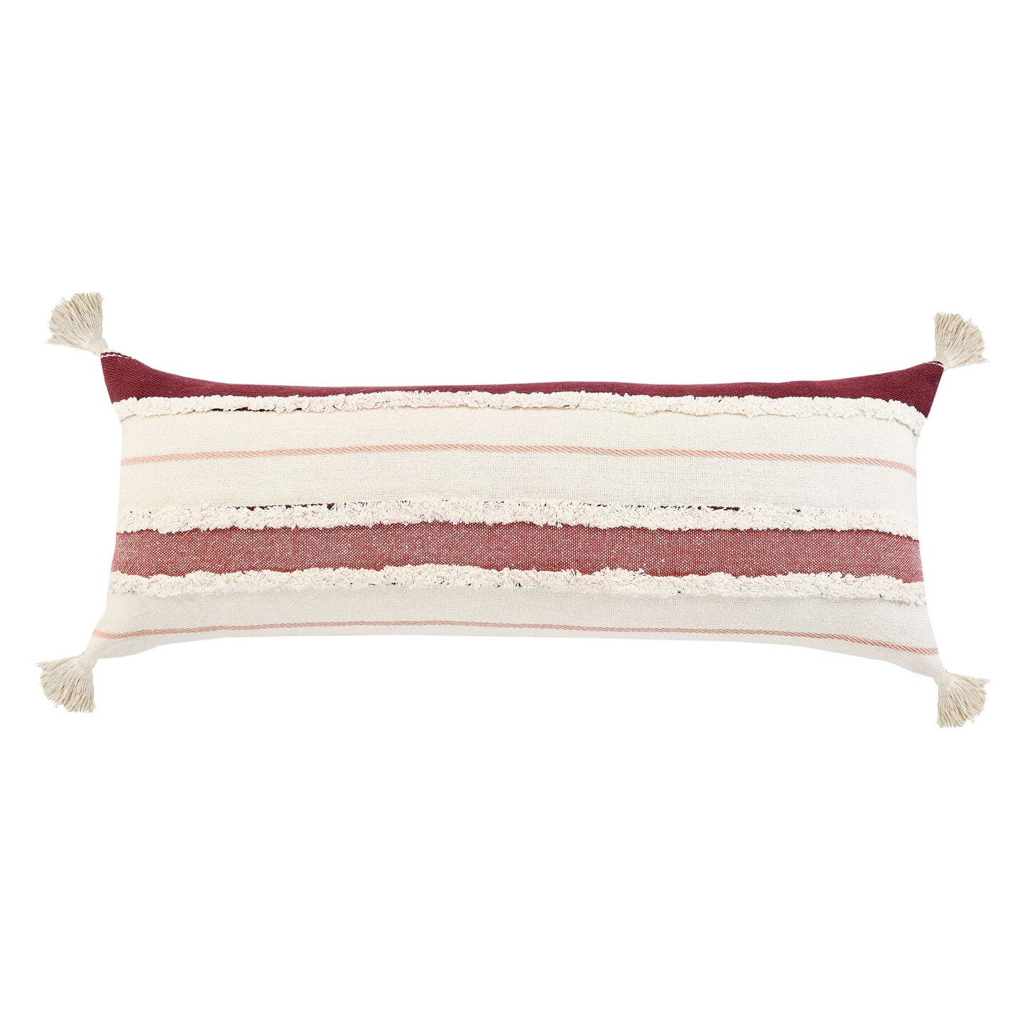 Laddha Home Designs 36&#x22; White and Red Striped Rectangular Lumbar Throw Pillow