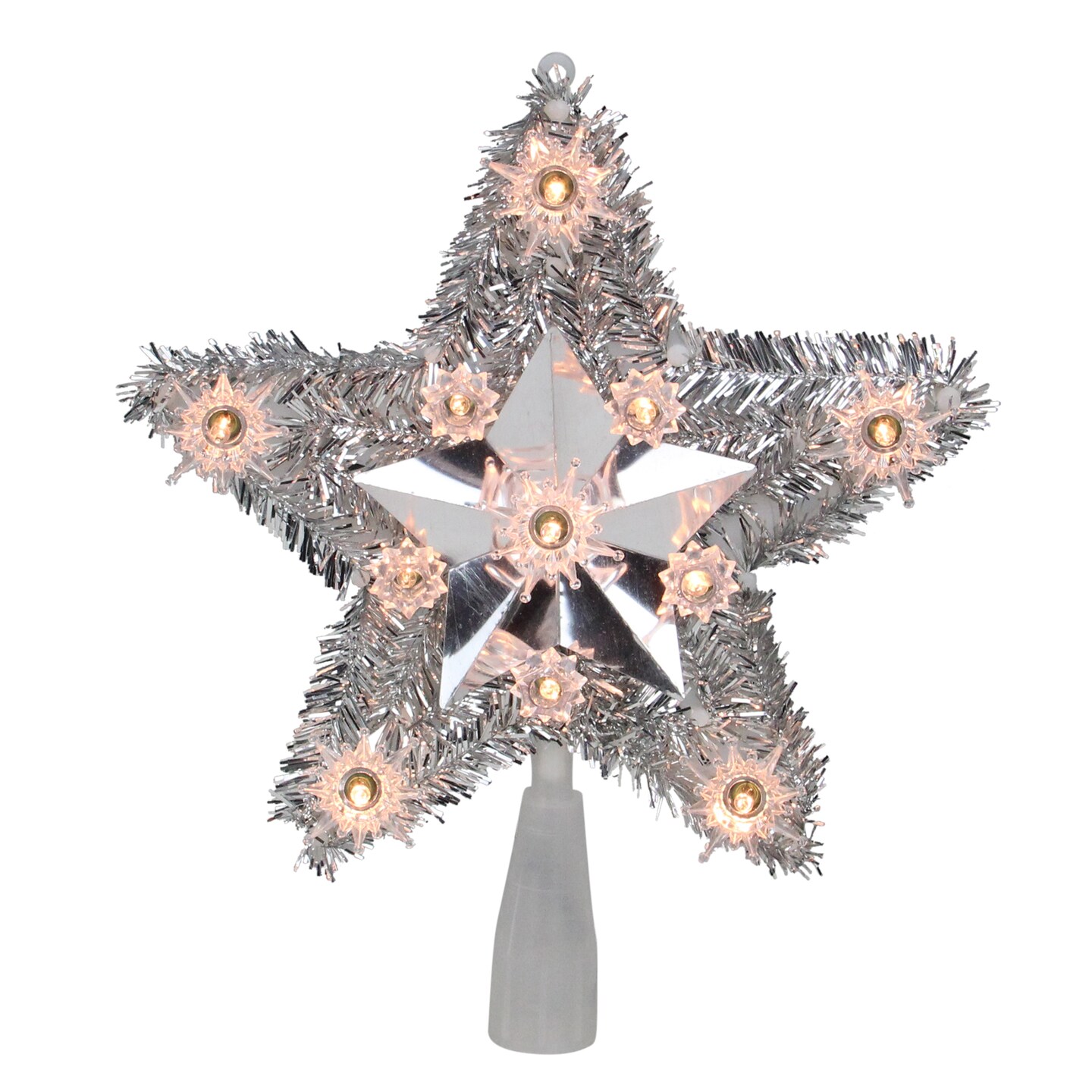 Northlight 9&#x22; Silver Tinsel Star Christmas Tree Topper - Clear Lights