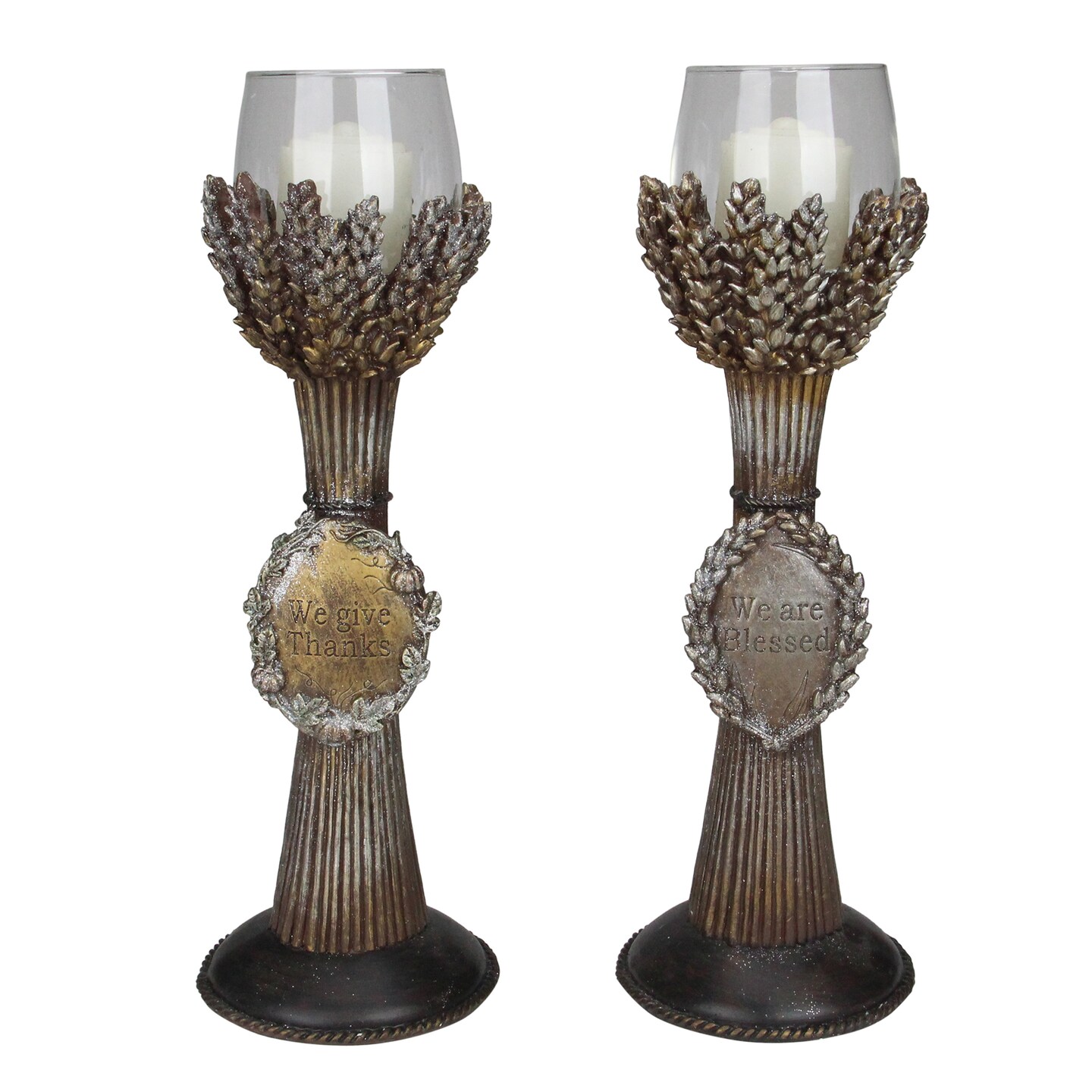 Roman Set of 2 Brown and Clear Blessed Thanksgiving Votive Candleholders 12.5&#x22;