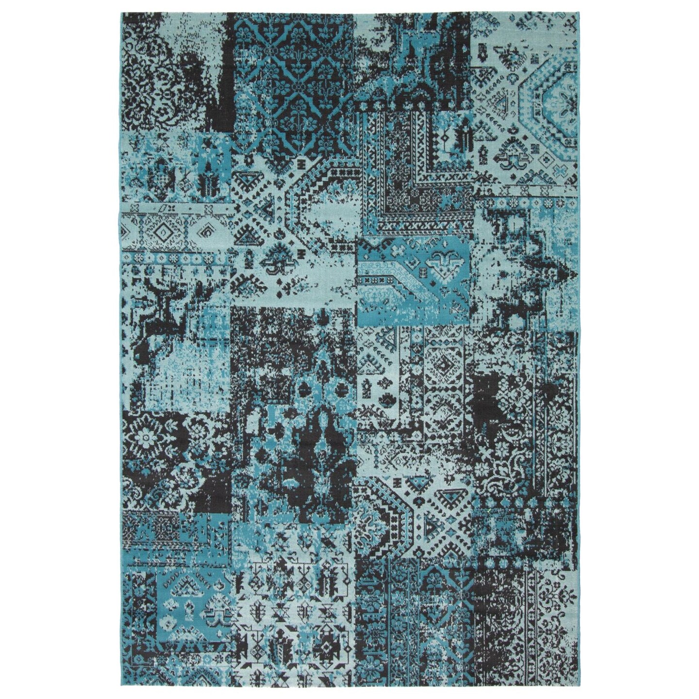 Chaudhary Living 4&#x27; x 5.5&#x27; Blue and Black Distressed Patchwork Rectangular Area Throw Rug