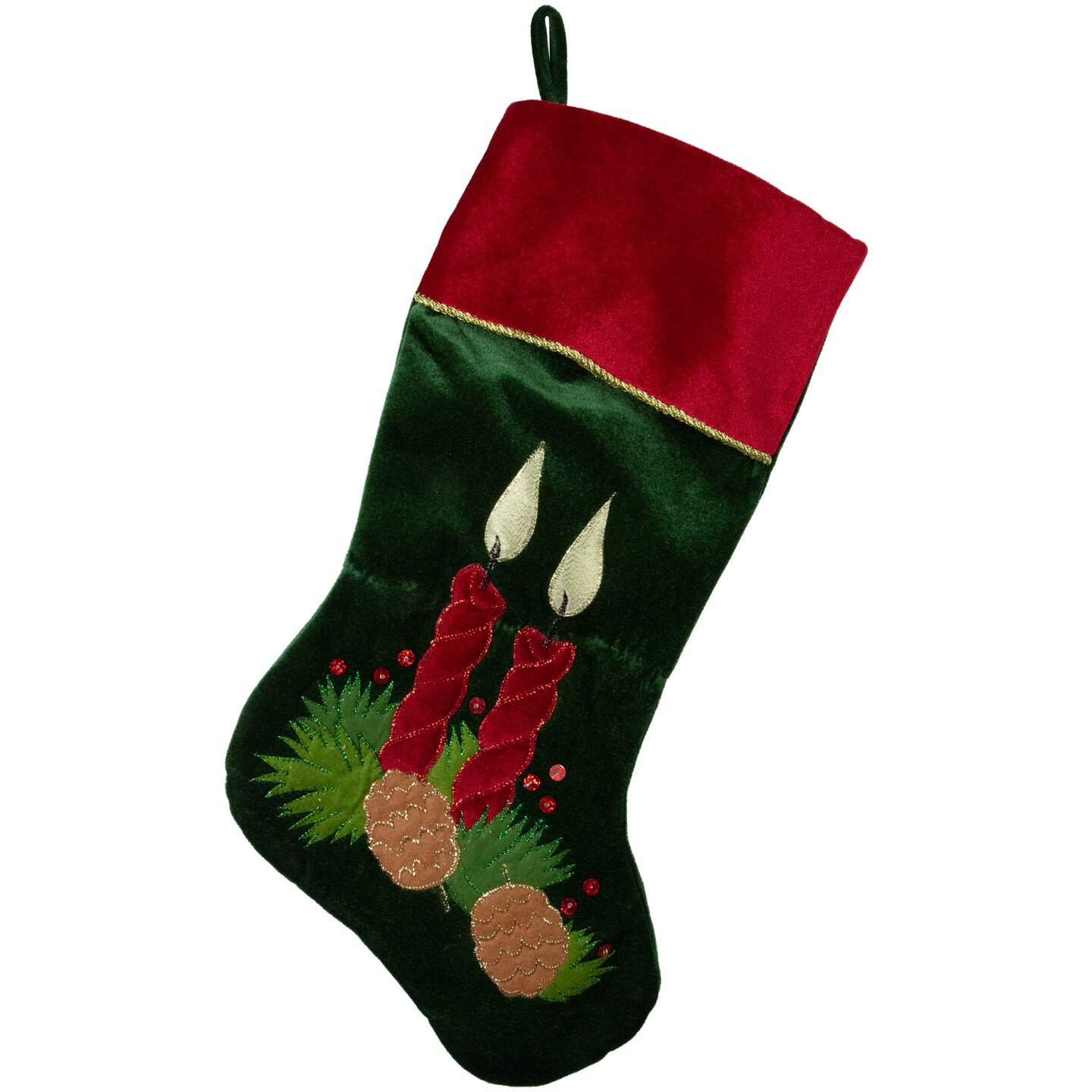Northlight 20&#x22; Dark Green and Burgundy Candle and Pine Cone Velveteen Christmas Stocking