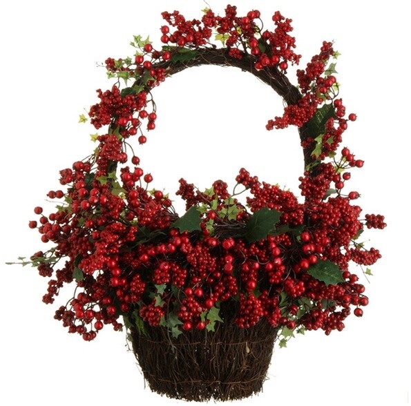 Raz 22&#x22; Country Rustic Red Rosehip Berries and Vines Decorative Christmas Wall Basket