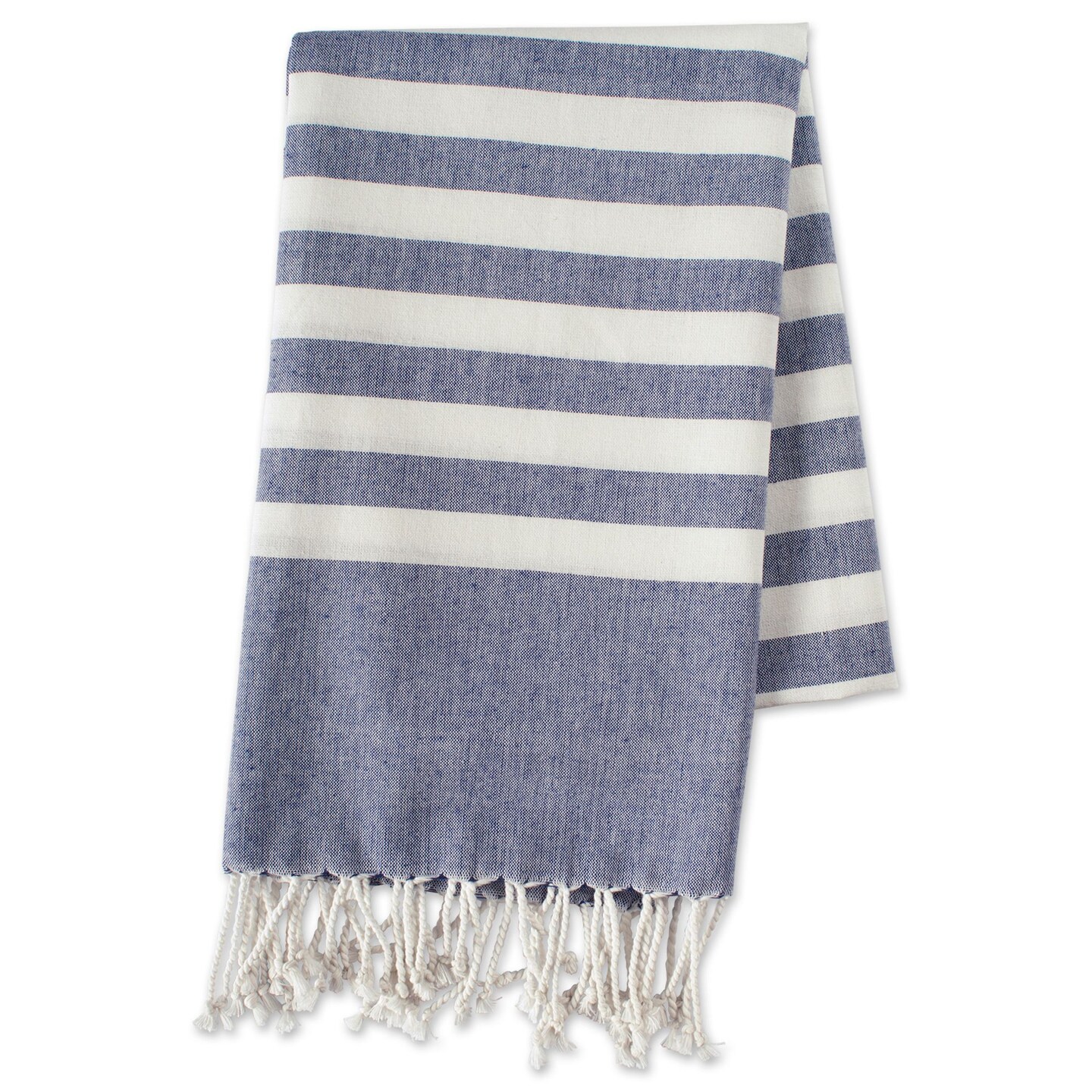 Contemporary Home Living Striped Cotton Fouta Turkish Towel with Twisted Tassels - 59&#x22; - Blue and White