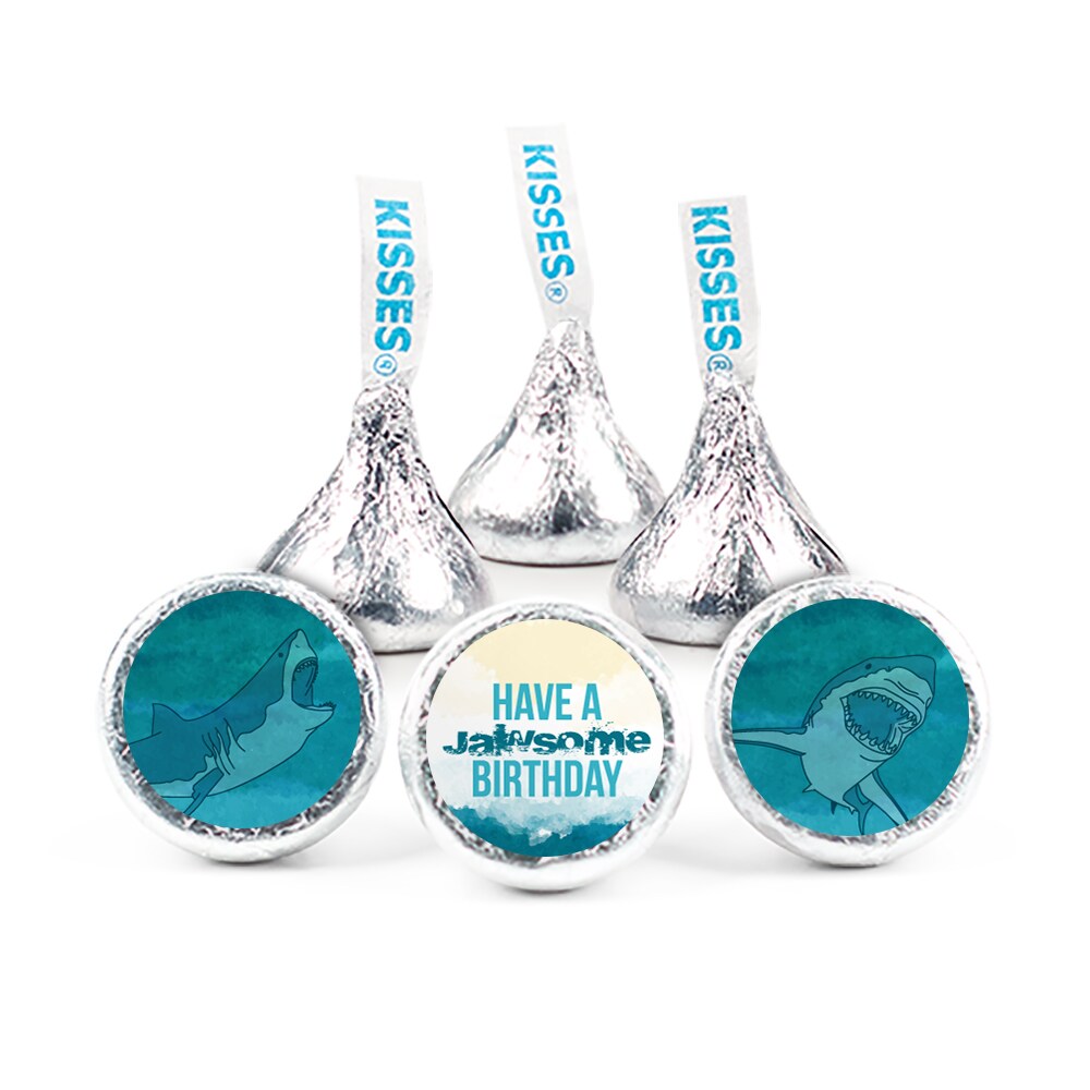 324ct Shark Birthday Party Stickers for Hershey&#x27;s Kisses Kid&#x27;s Favors, Party Supplies - DIY - Candy Not Included - By Just Candy