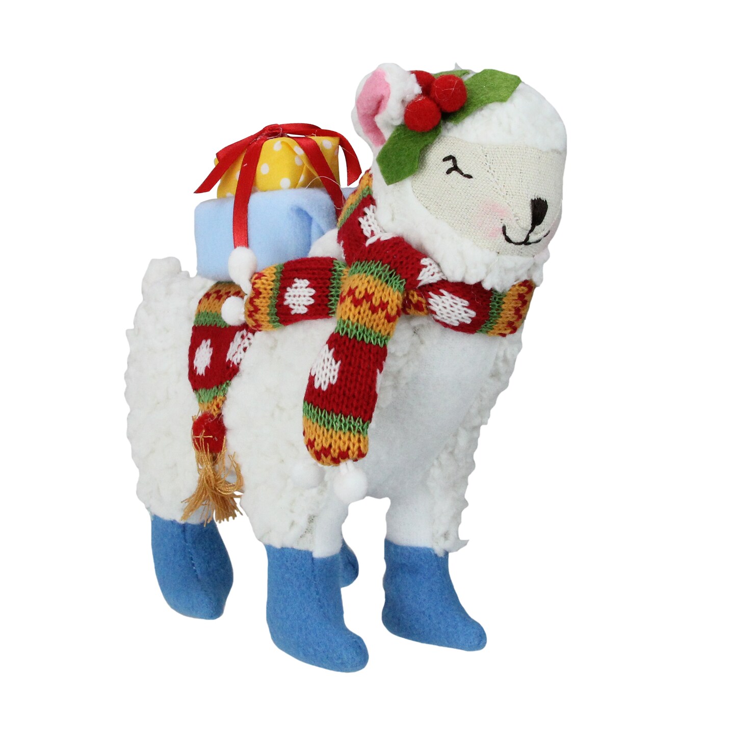 Raz 8.5&#x22; White and Blue Plush Llama with Holly Plant Christmas Tabletop Figure