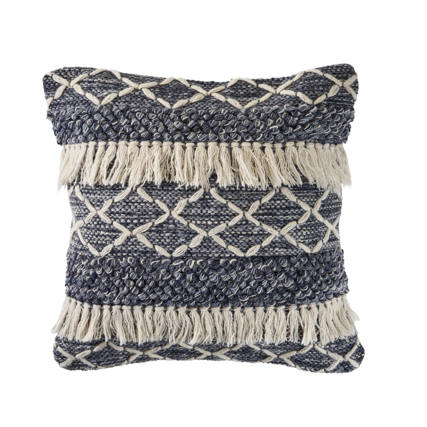 Laddha Home Designs 20&#x22; Navy&#xA0;Blue and Off White Textured with Fringe Square Throw Pillow
