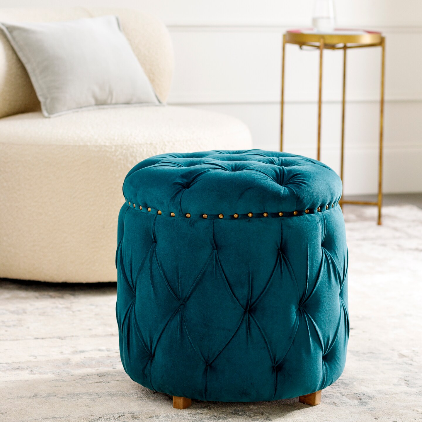 Tiwari Home 20" Teal Button Tufted Round Wooden Foot Stool Ottoman