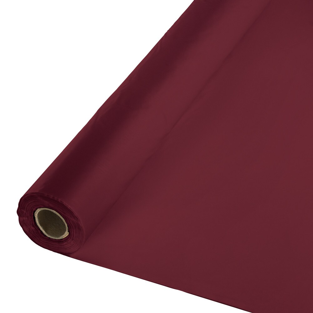 Party Central 100&#x27; Burgundy Red Disposable Plastic Banquet Party Table Cloth Roll