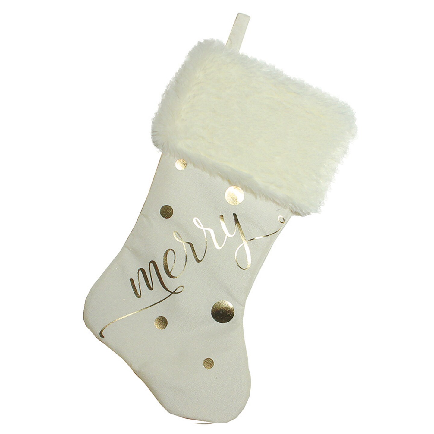 Northlight 19&#x22; Ivory White Gold Foil &#x22;Merry&#x22; Christmas Stocking with White Faux Fur Cuff