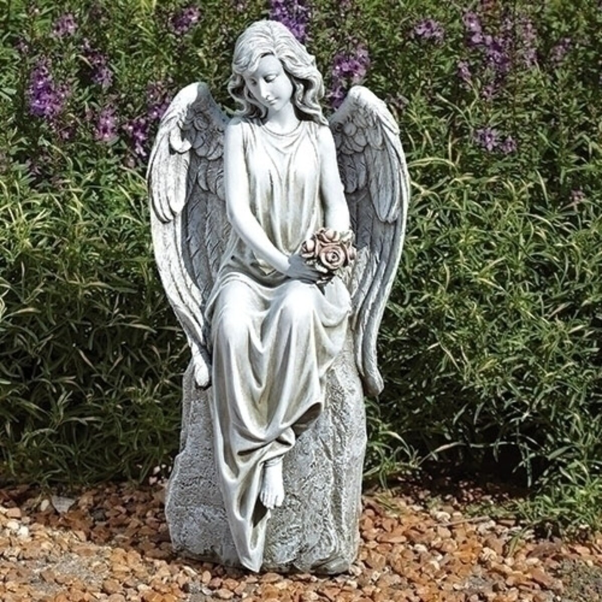 Roman 17.75&#x22; Sitting Angel with Flowers Outdoor Garden Statue