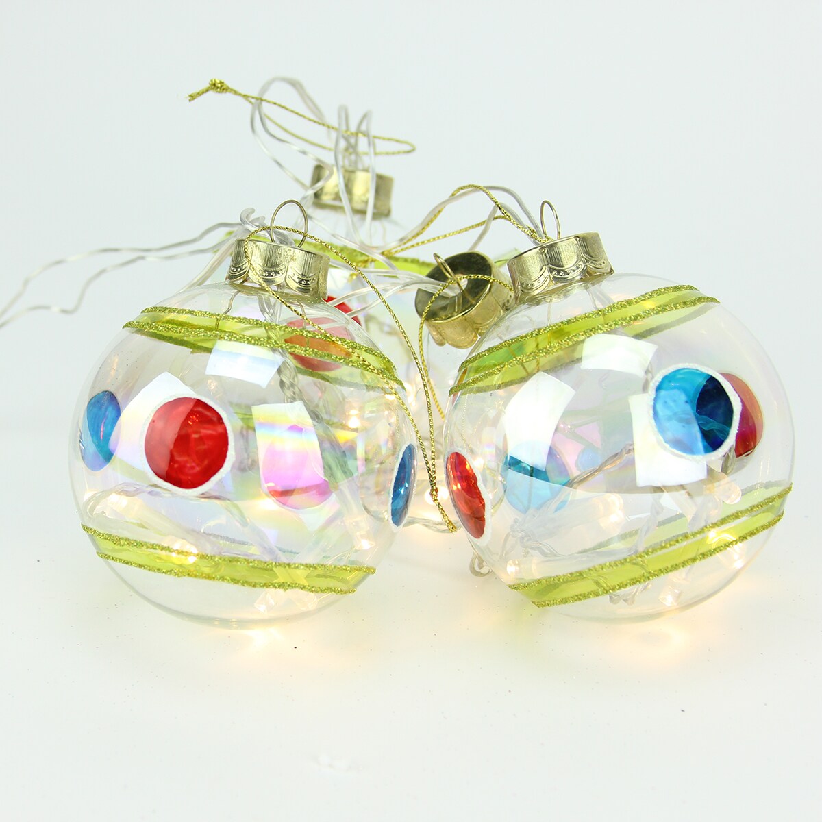 PENN LED Lighted Stripes and Dots Glass Christmas Ball Ornaments - 3.25" (80mm) - Clear - 4ct