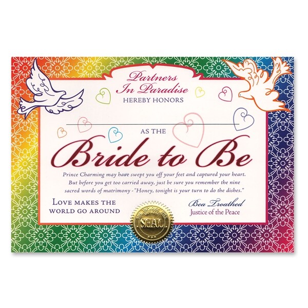 Beistle Pack of 6 &#x27;&#x27;Bride To Be&#x27;&#x27; Certificates 5&#x22; x 7&#x22;