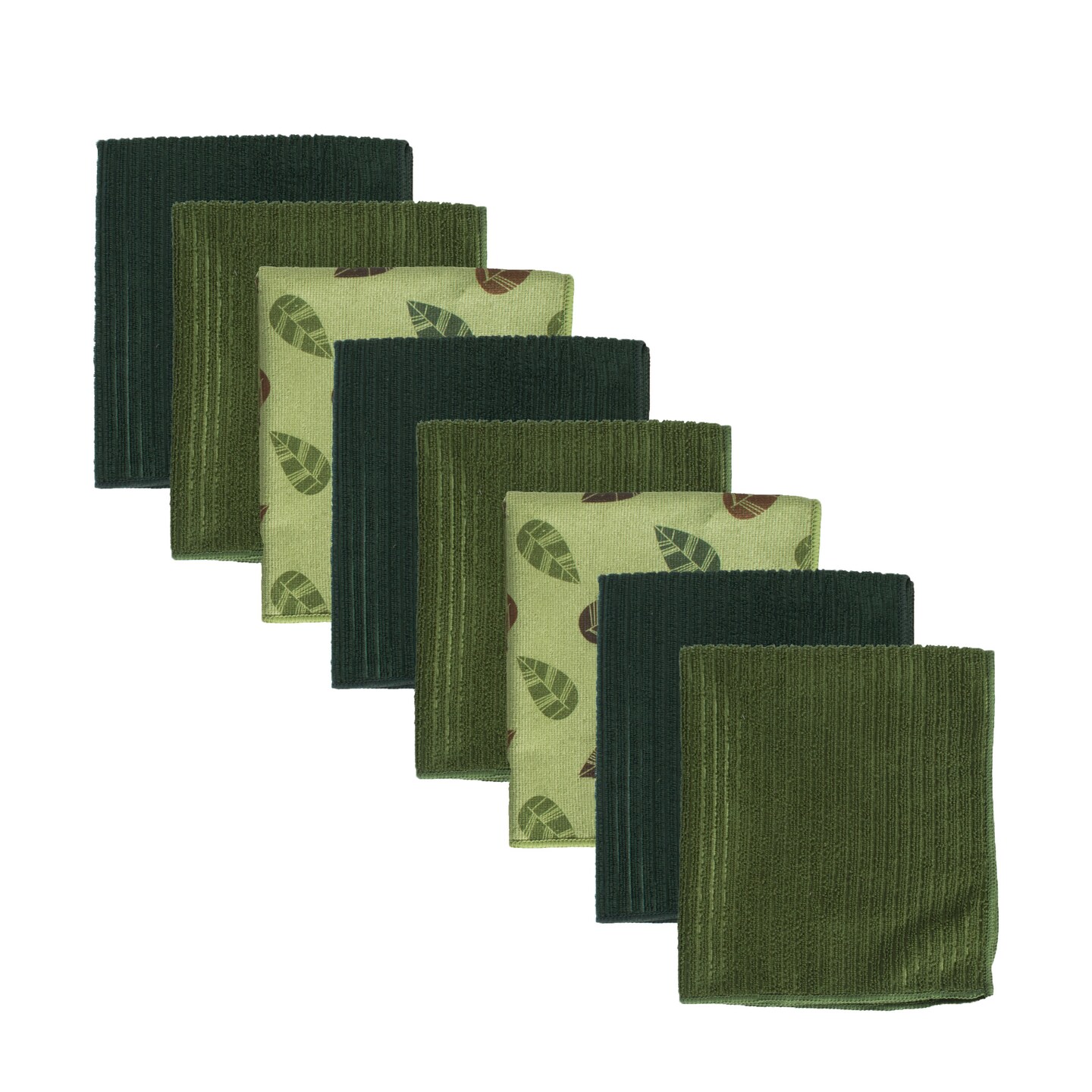 Contemporary Home Living Leaves Microfiber Kitchen Towels - 13&#x22; - Green and Brown - Set of 8