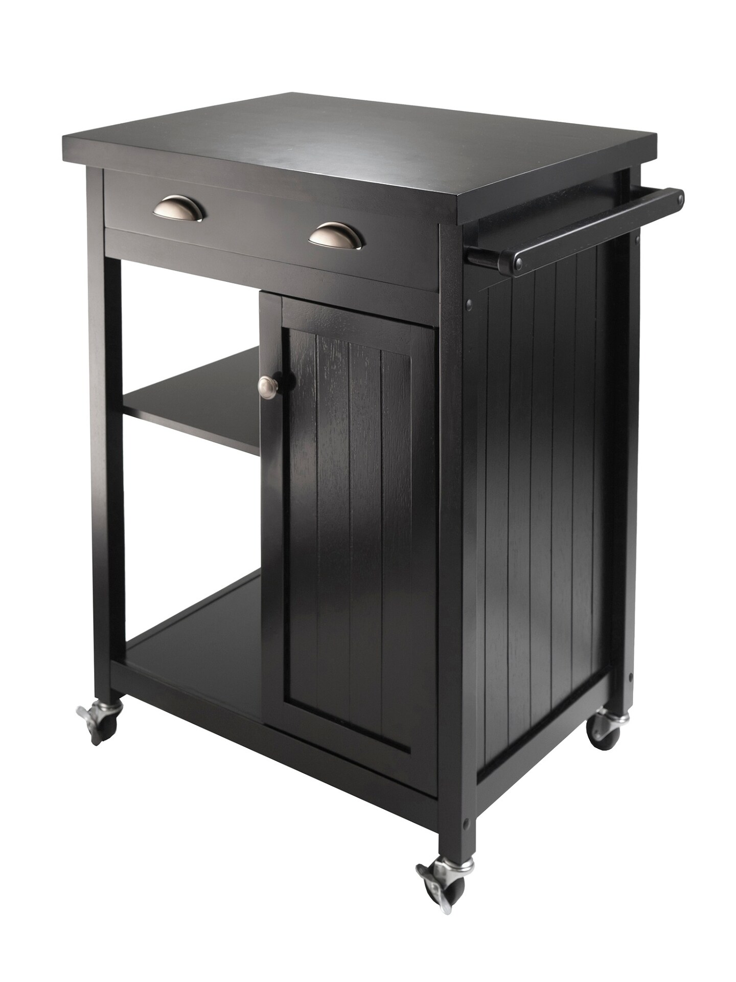 Contemporary Home Living 34&#x22; Black Elegant Timber Kitchen Cart with Wainscot Panel