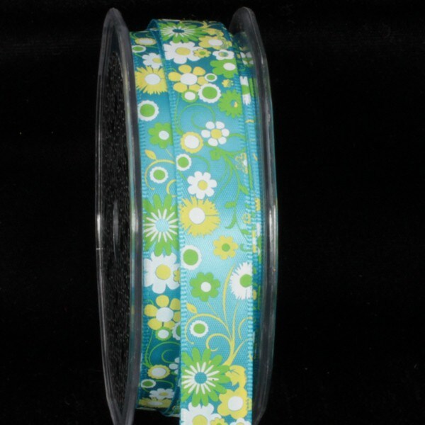 The Ribbon People Sky Blue and Green Summer Flowers Wired Craft Ribbon 0.5&#x22; x 54 Yards