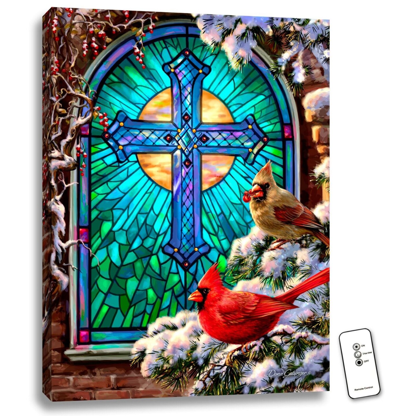 Glow Decor 24&#x22; x 18&#x22; Blue and Brown Cardinals Stained Glass Backlit LED Wall Art with Remote Control