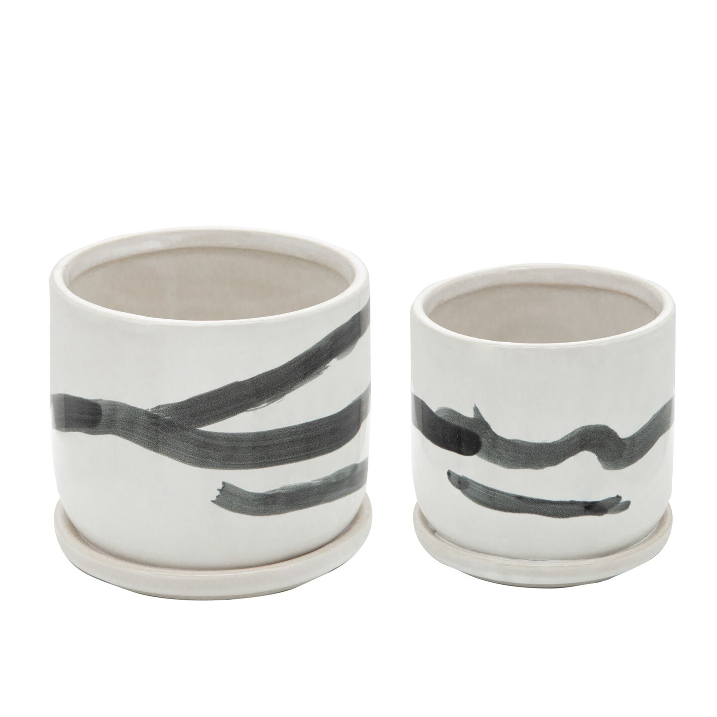 Kingston Living Painted Ceramic Planters with Saucers - 5.5&#x22; - White and Black - Set of 2