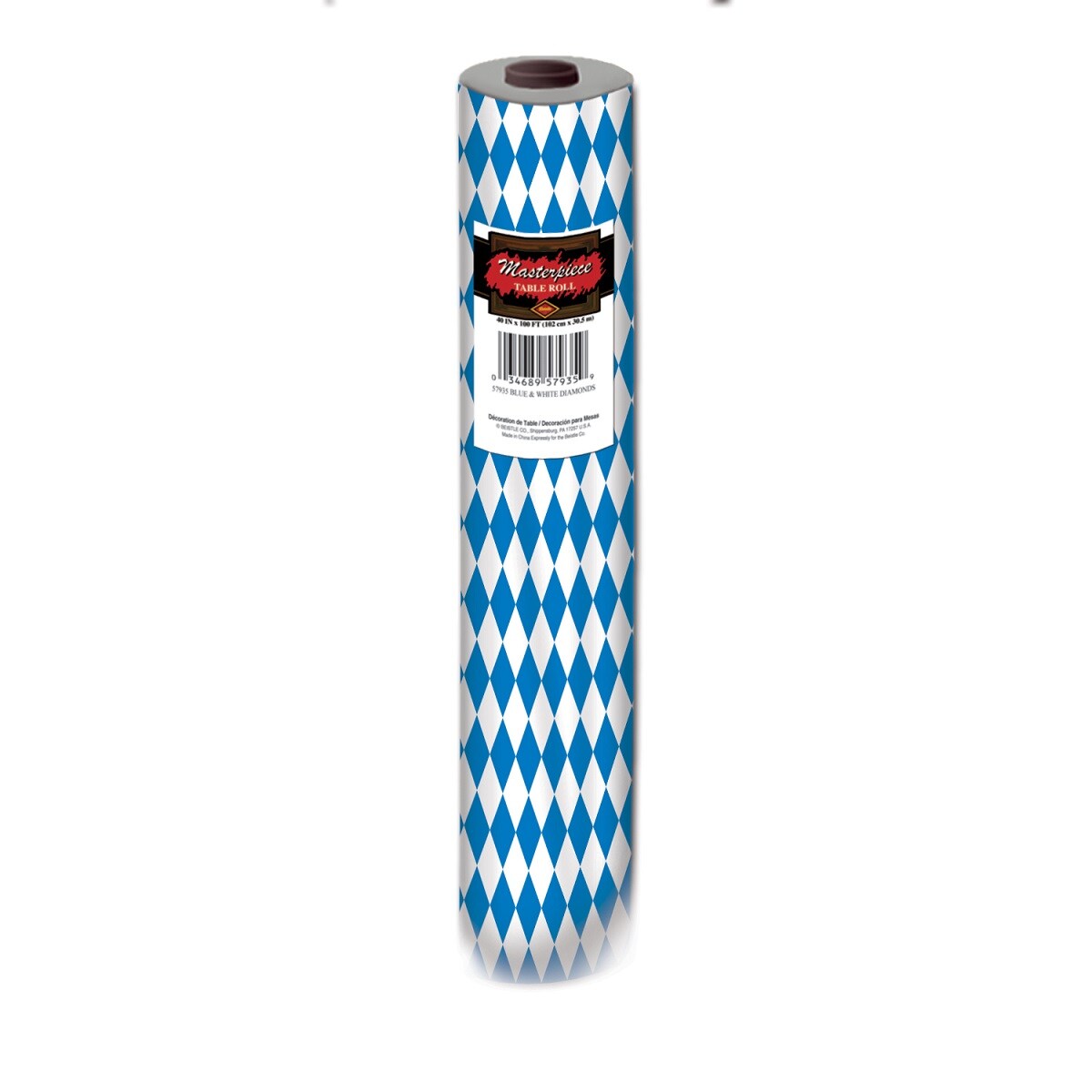 Party Central 100&#x27;&#x27; Blue and White Harlequin Oktoberfest Disposable Banquet Party Table Roll