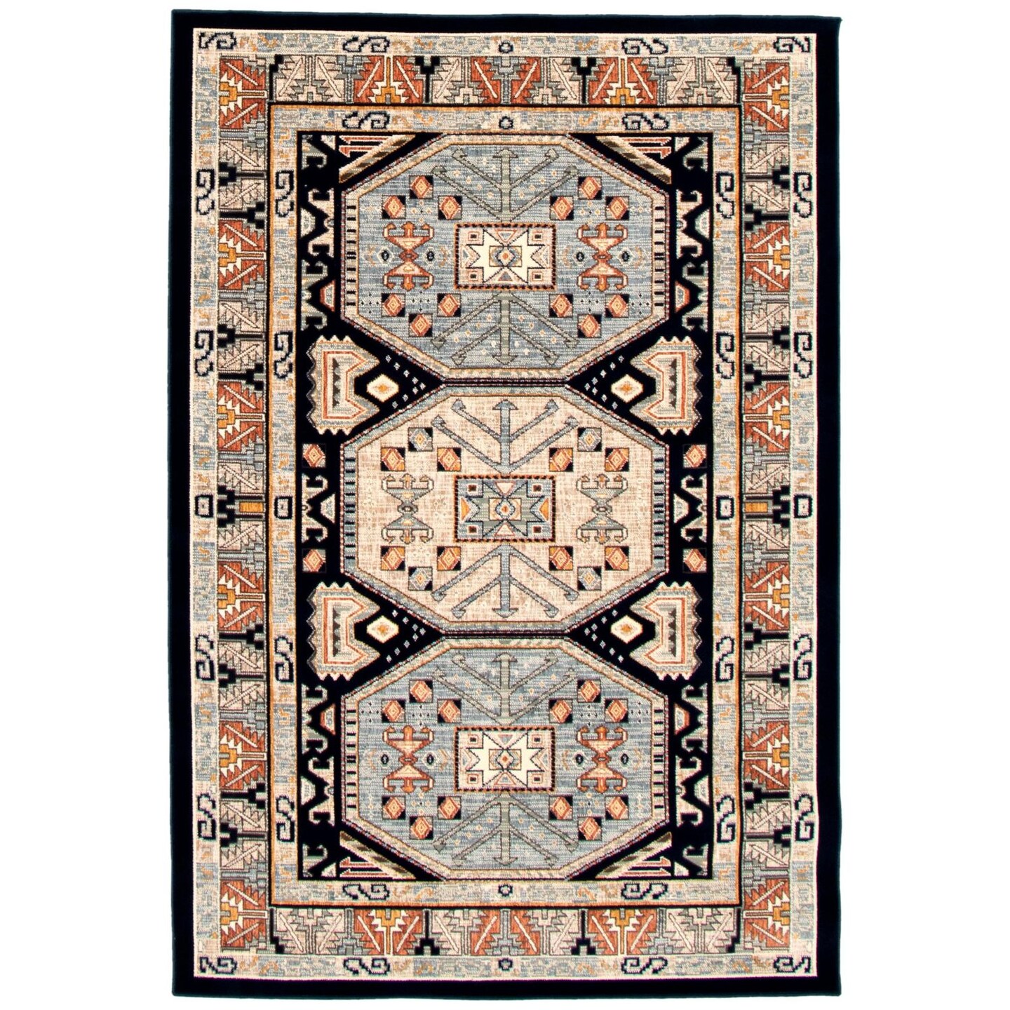 Chaudhary Living 7.75&#x27; x 10&#x27; Medallion Geometric Rectangular Area Throw Rug - Navy Blue and Cream