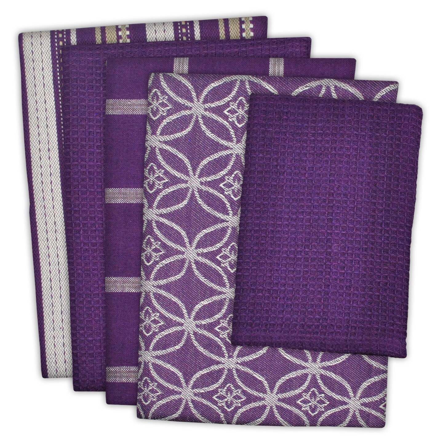 CC Home Furnishings Flower of Life Cotton Dish Towels and Dish Cloth - 28&#x22; - Eggplant and White - Set of 5