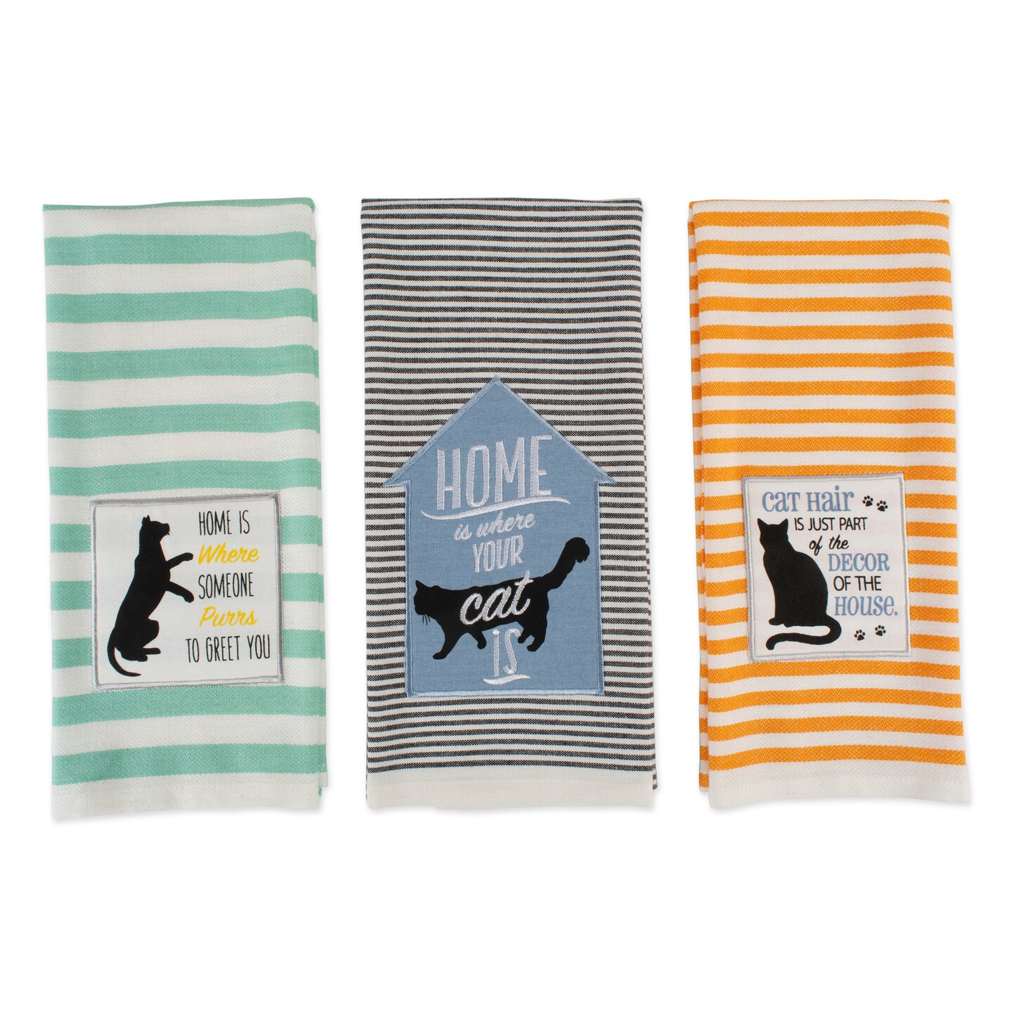 Contemporary Home Living Striped Cat&#x27;s Meow Cotton Dish Towels - 28&#x22; - Blue and Yellow - Set of 3
