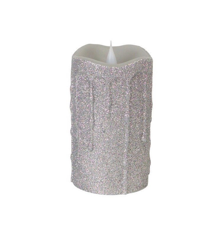 Melrose 5.25&#x22; Pre-Lit Silver Glittering Flameless LED Christmas Pillar Candle