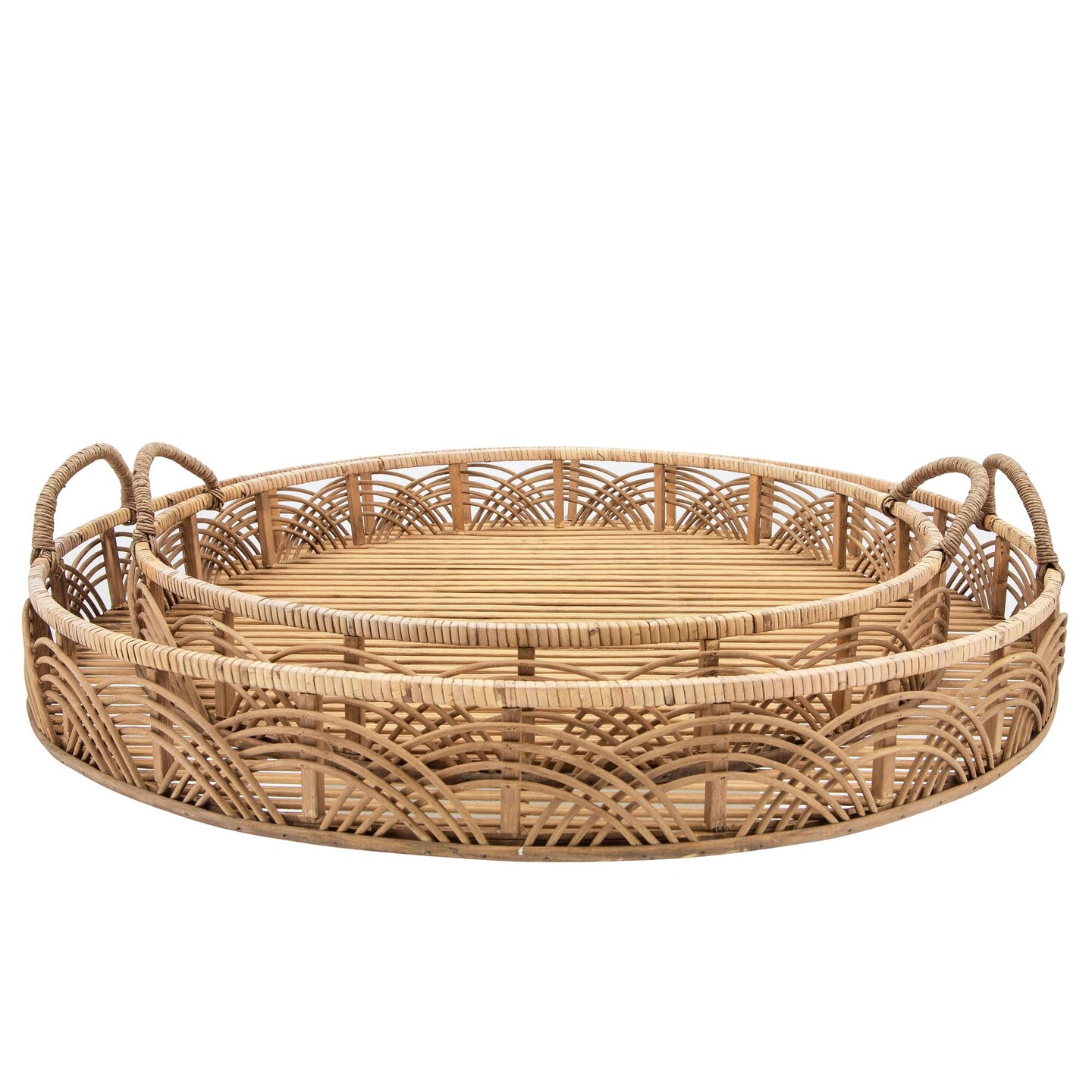 Kingston Living Bamboo Round Trays with Handles - 30&#x22; - Brown - Set of 2