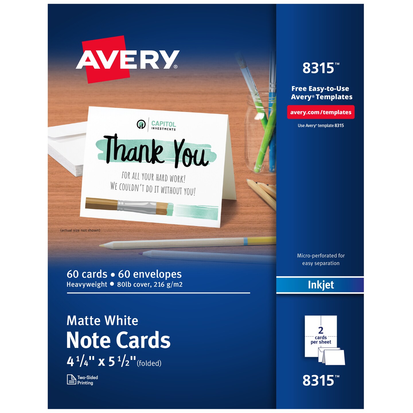Avery Printable Note Cards with Envelopes, 4.25&#x22; x 5.5&#x22;, Matte White, 60 Blank Note Cards for Inkjet Printers (8315)