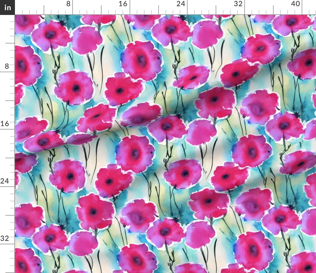 Bold Bright Floral Modern Botanical Fuchsia Garden Green Blue Custom Printed Fabric by Spoonflower Various Fabrics by the Yard or Fat Quarter