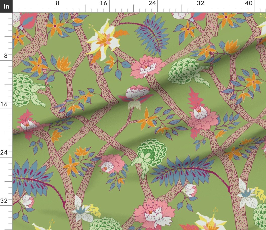 Botanical Peony Modern Floral Large Scale Green Bright Multi Color Custom Printed Fabric by Spoonflower Various Fabrics by the Yard or Fat Quarter
