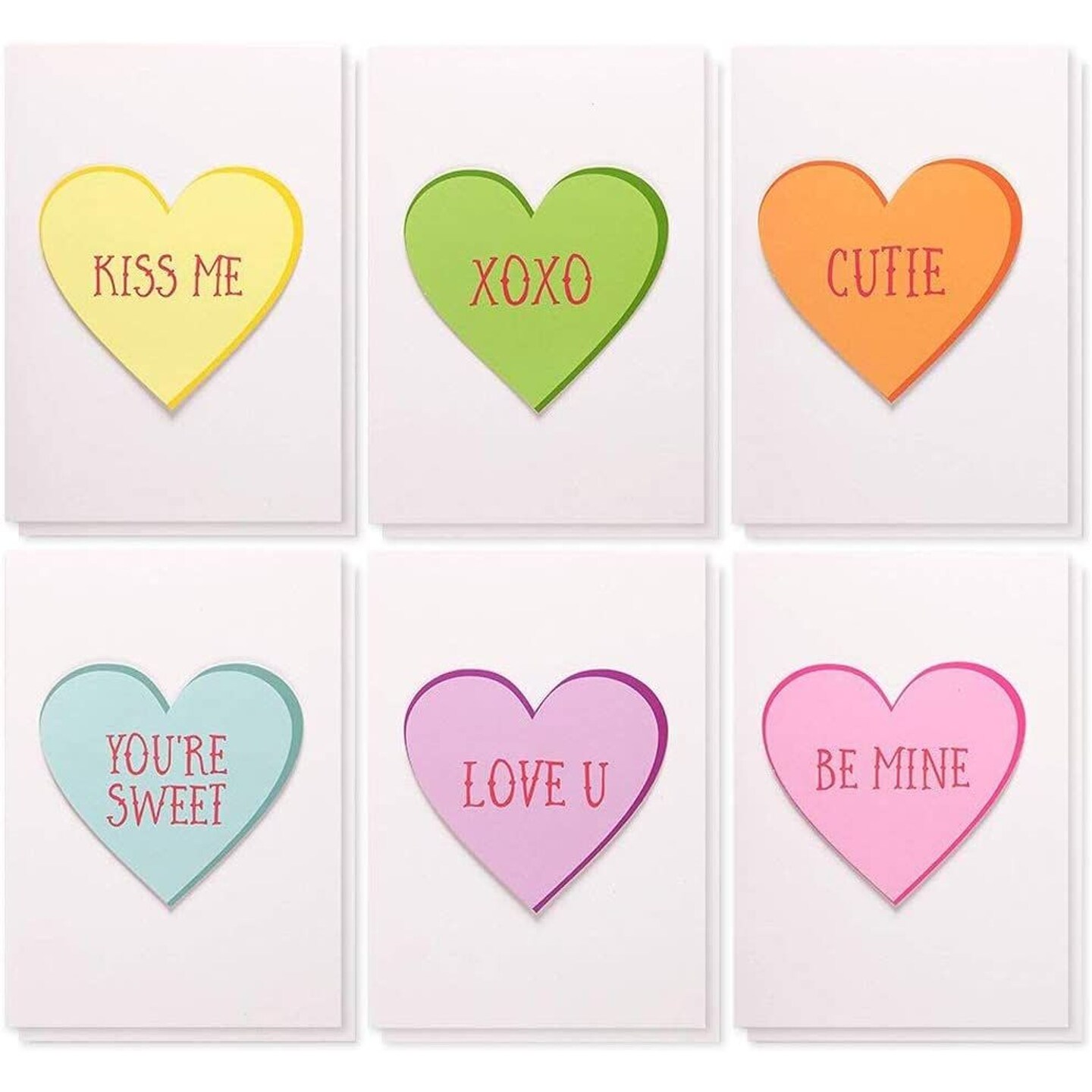 Candy Heart Valentine's Cards with Envelopes, 6 Colorful Designs (5 x 7 In, 12 Pack)