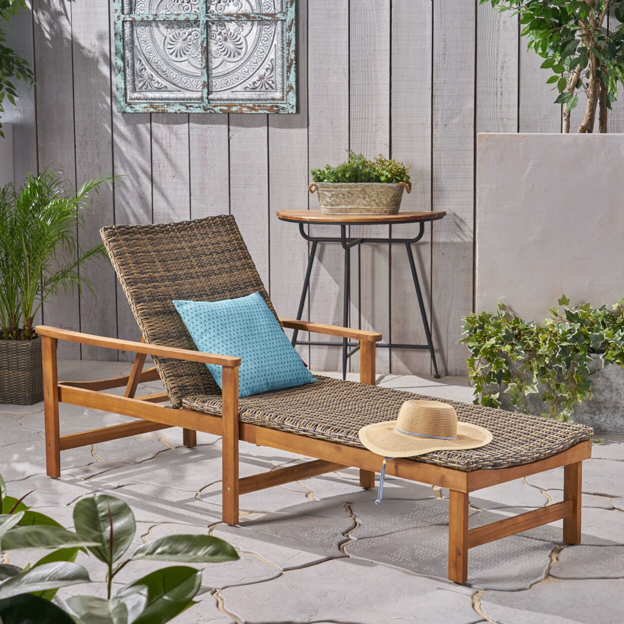 GDFStudio Kyle Outdoor Rustic Acacia Wood Chaise Lounge with Wicker Seat