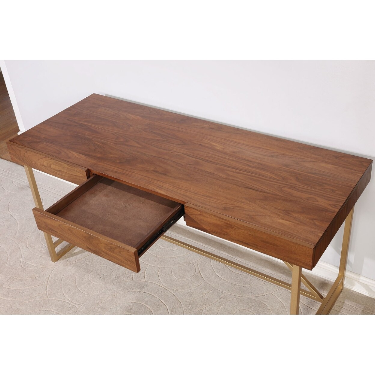 Benzara Modern Style Wooden Writing Desk with Unique Metal Legs, Walnut Brown and Gold- Saltoro Sherpi