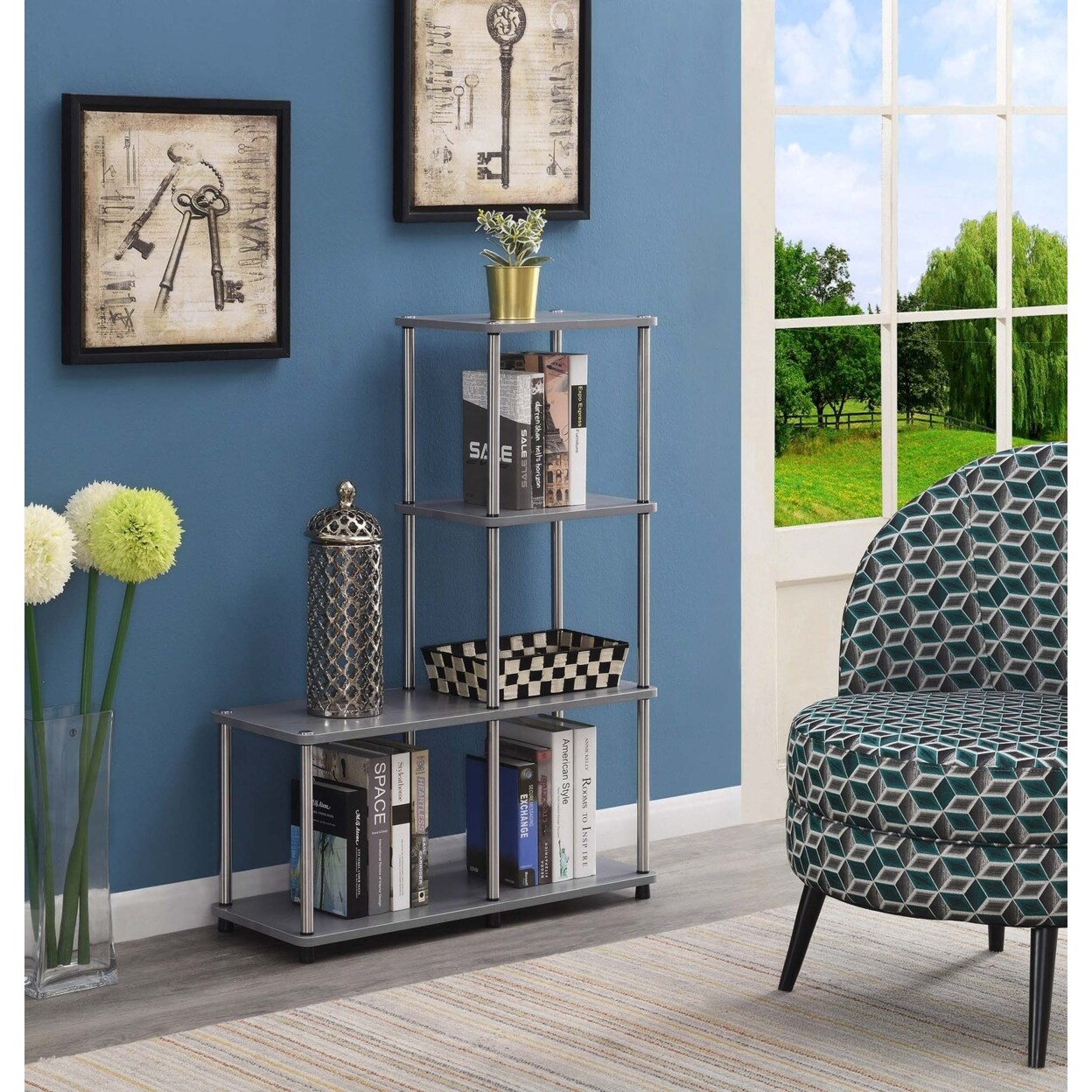 Convenience Concepts Designs2Go Multi Shelf L Bookshelf, Gray