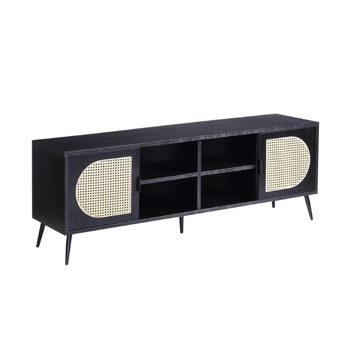 Saltoro Sherpi 60 Inch TV Entertainment Center, Rattan Front 2 Cabinet, Metal Legs, Black-
