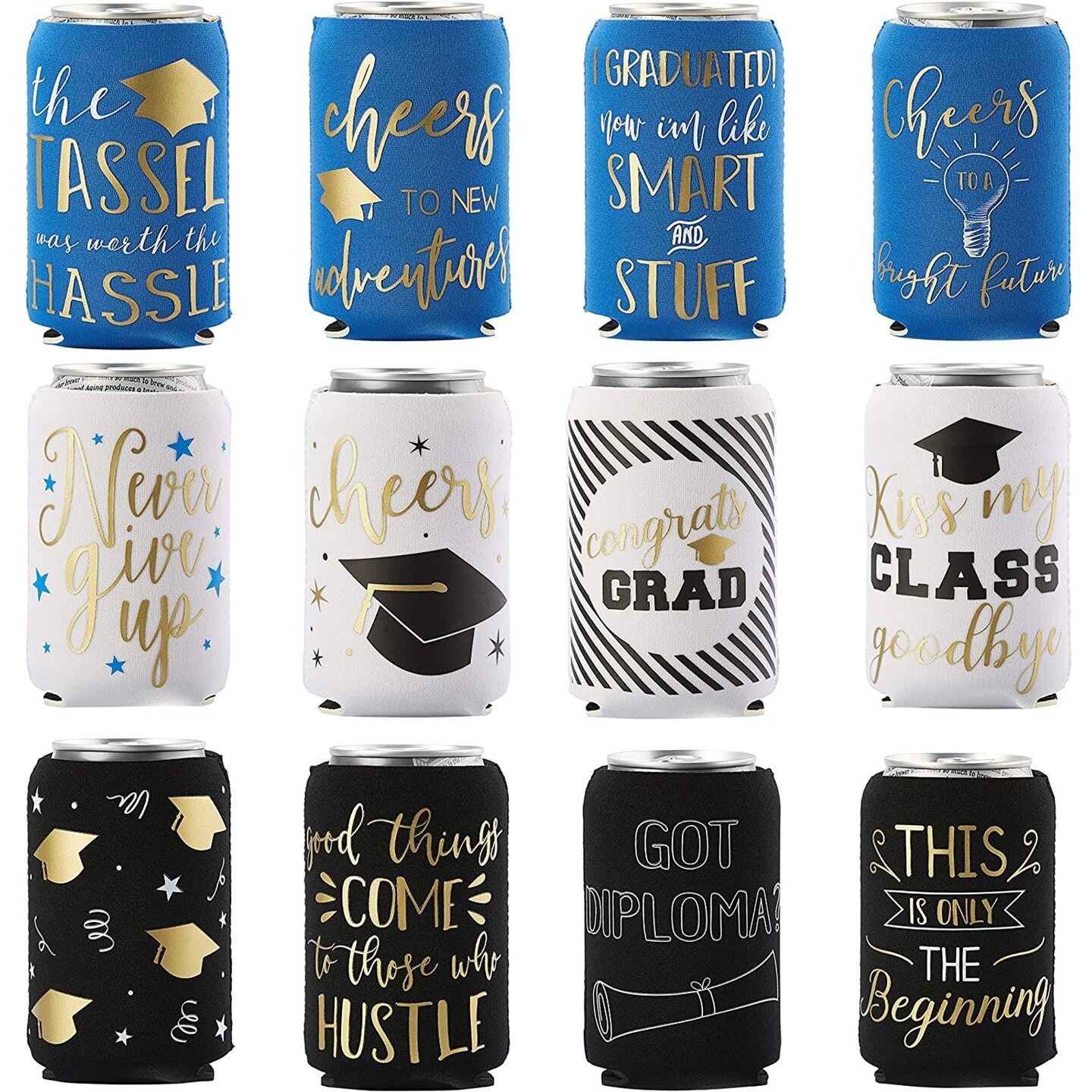 12 oz Graduation Neoprene Can Cooler Sleeves for Soda, Beer, Beverages (12 Pack)