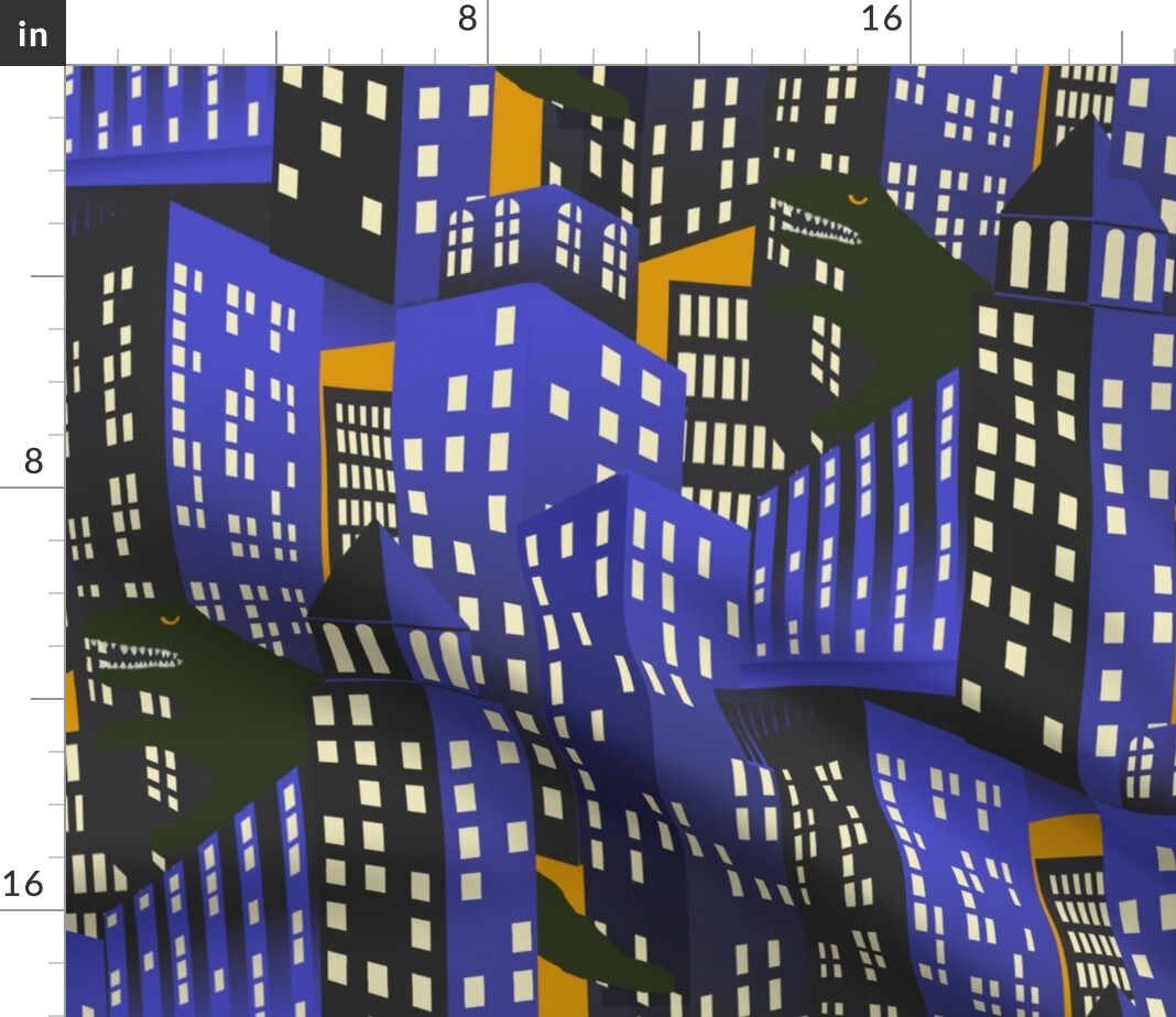 Sci Fi Fantasy Science Fiction Bold Geometric Retro Style Orange Skyline Skyscraper Lizard Custom Printed Fabric by Spoonflower Various Fabrics by the Yard or Fat Quarter