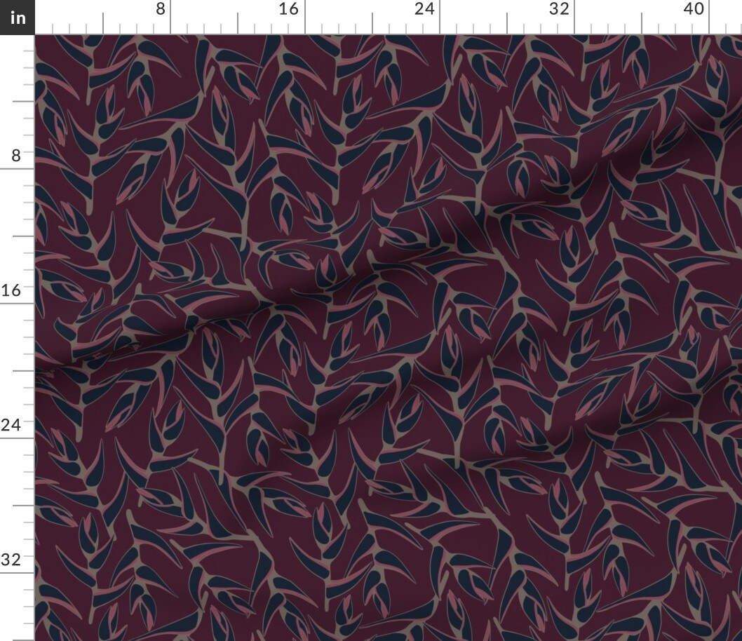 Dark Tropical Botanical Floral Red Burgundy Blue Exotic Custom Printed Fabric by Spoonflower Various Fabrics by the Yard or Fat Quarter