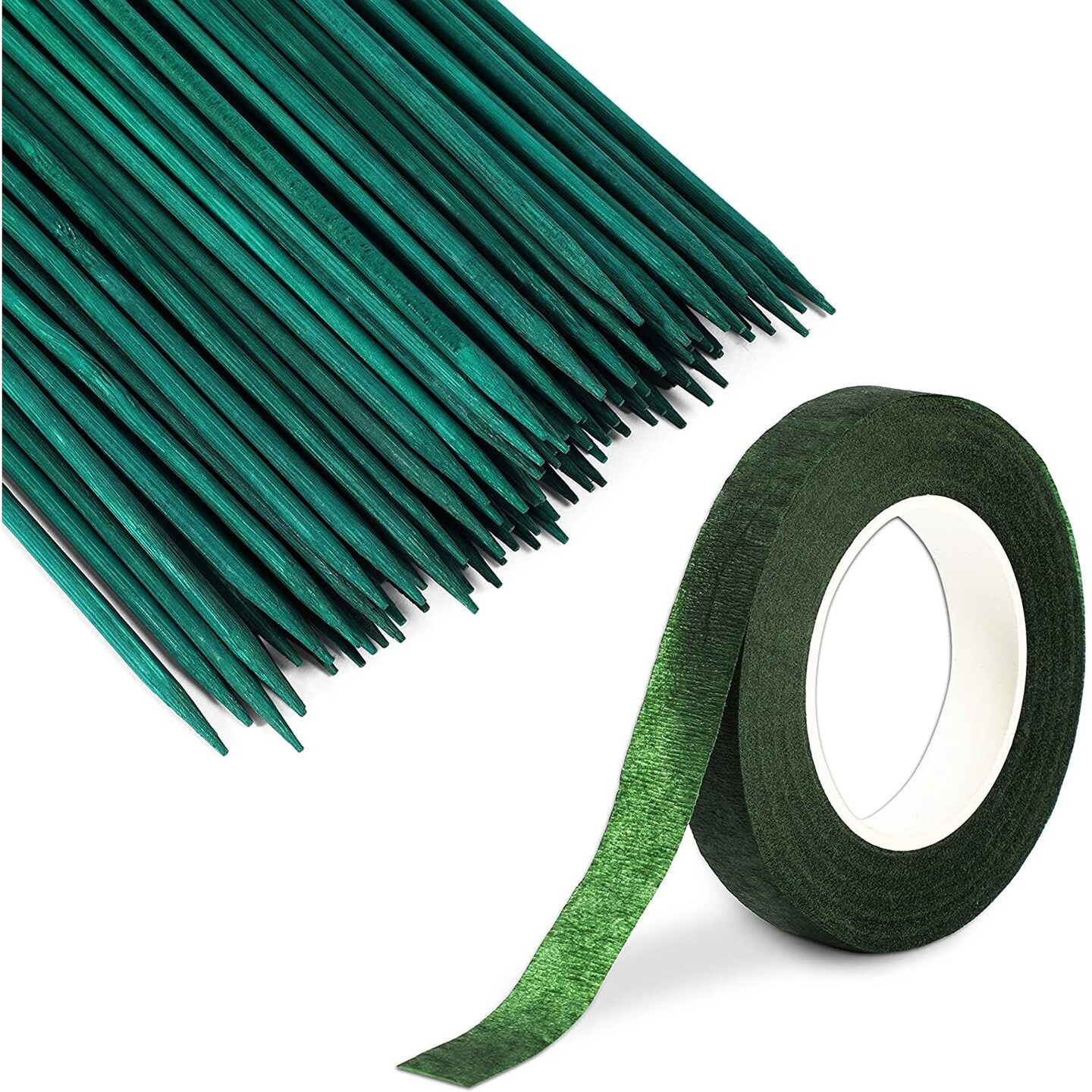 100 Bamboo Garden Stakes with 25 Yards Flower Tape (Green, 101 Pieces)